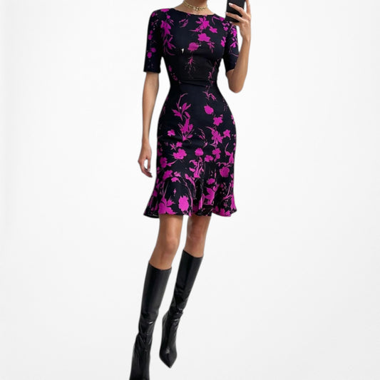 Vintage Y2K 90s Black Purple 3/4 Sleeve Flared A-Line Knee Length Dress Size M