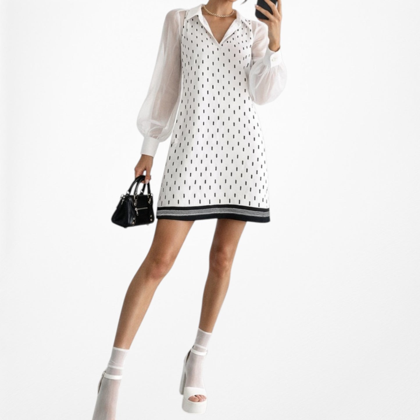 Vintage Y2K 90s Polka Dot Print Knee Length Preppy V-Neck Shift Dress Size M