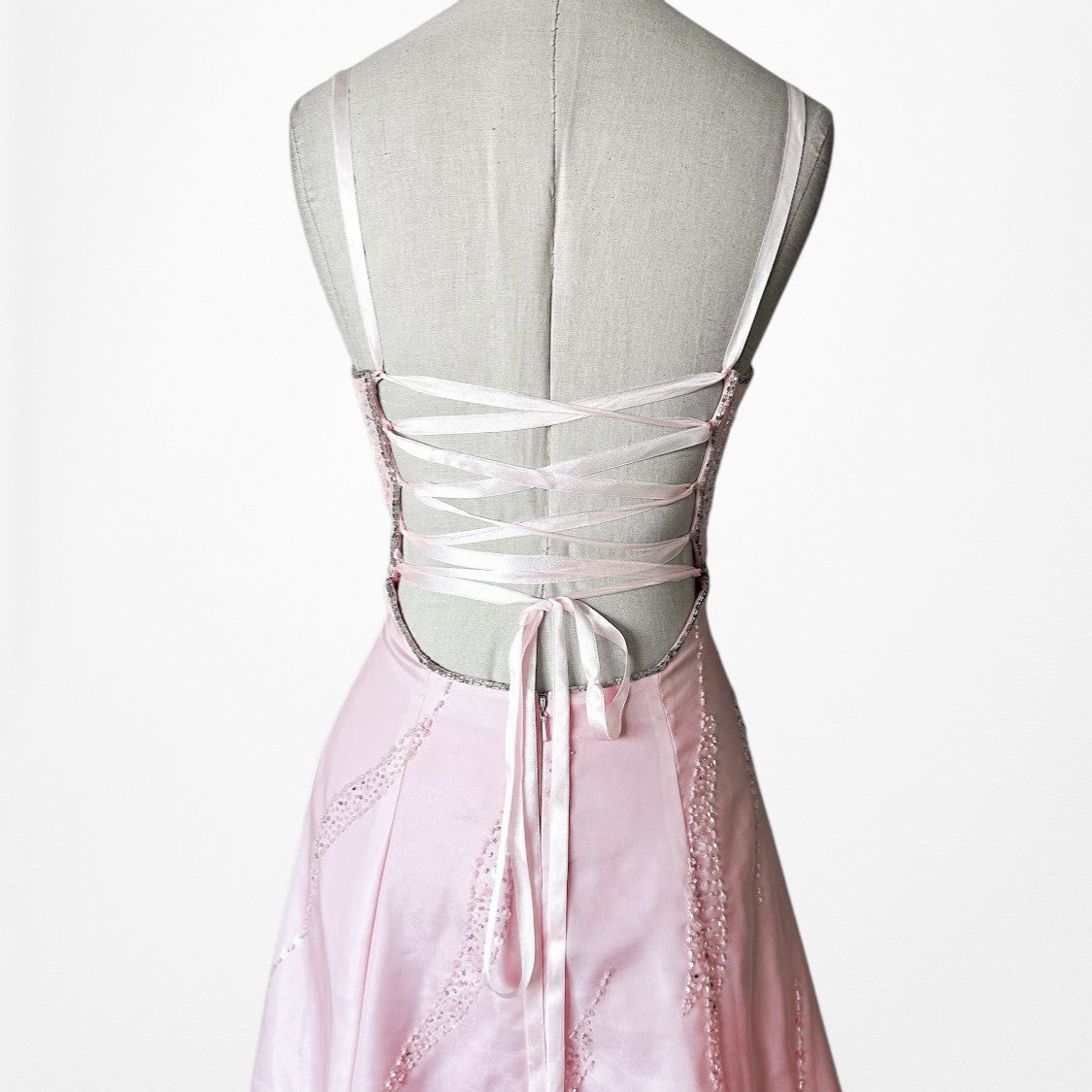 Vintage Y2K 90s Pink Ombre Beaded Lace Up Flared Princess Maxi Prom Dress XS/S