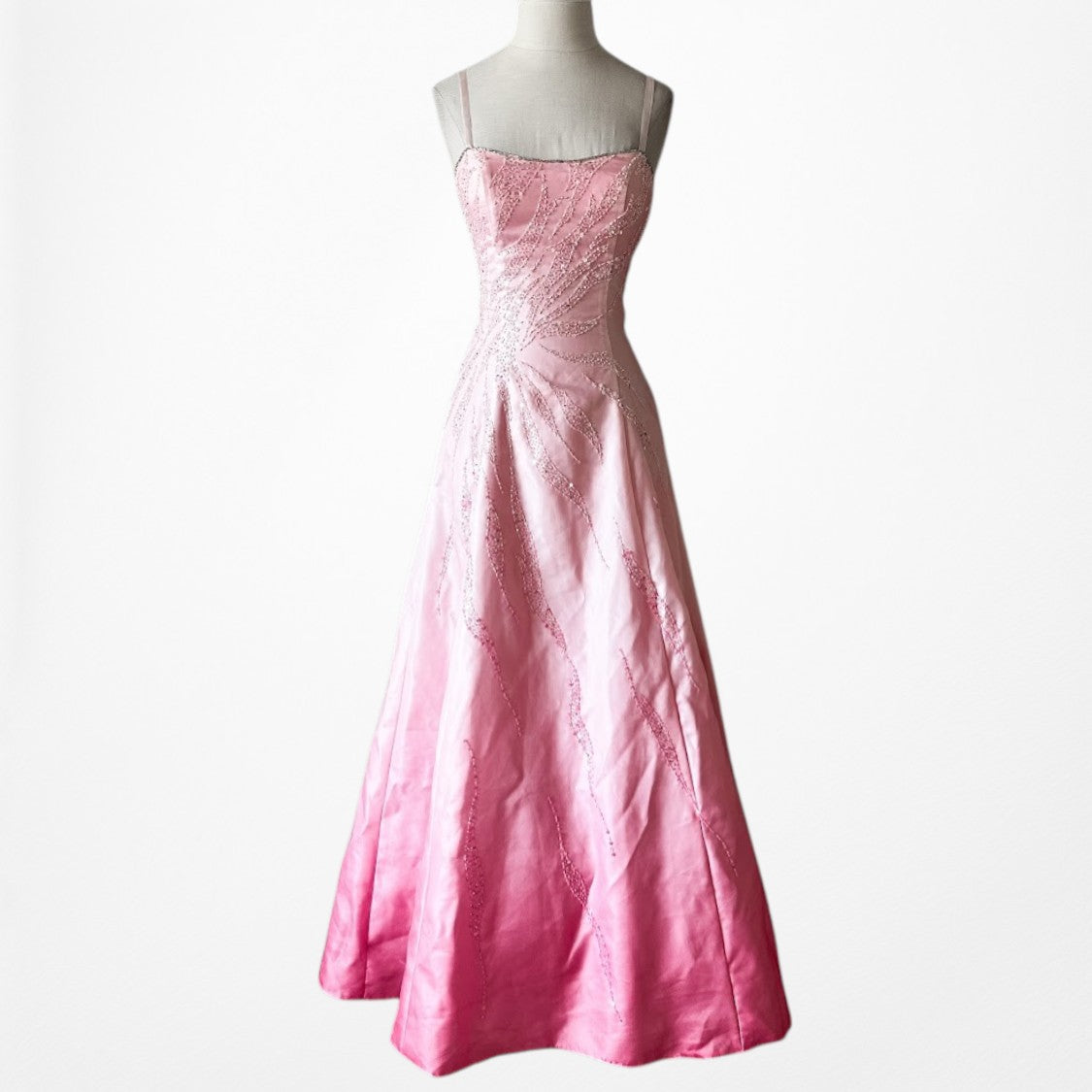 Vintage Y2K 90s Pink Ombre Beaded Lace Up Flared Princess Maxi Prom Dress XS/S