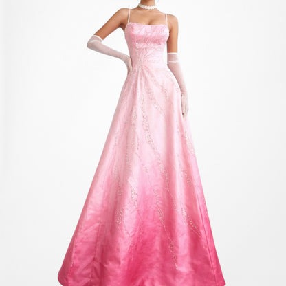 Vintage Y2K 90s Pink Ombre Beaded Lace Up Flared Princess Maxi Prom Dress XS/S