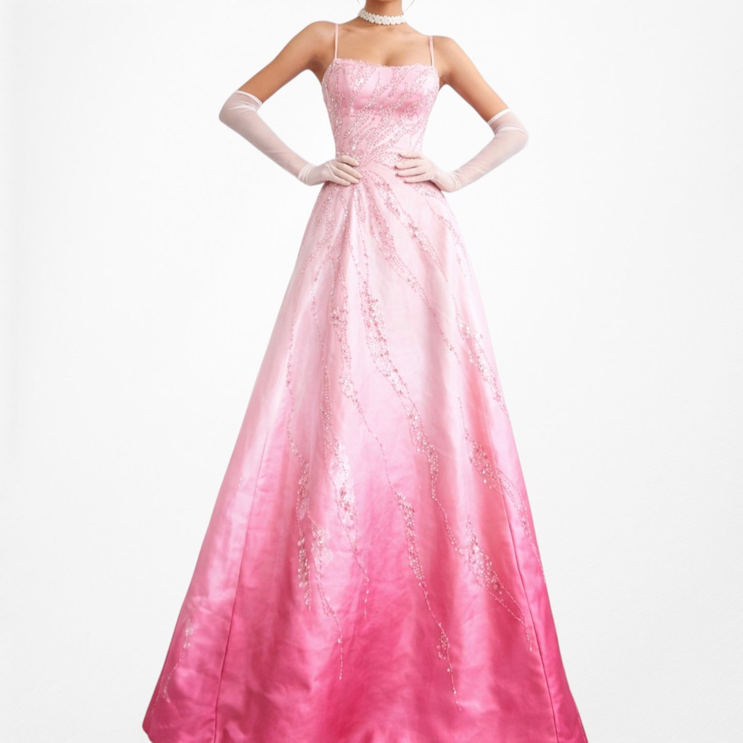 Vintage Y2K 90s Pink Ombre Beaded Lace Up Flared Princess Maxi Prom Dress XS/S