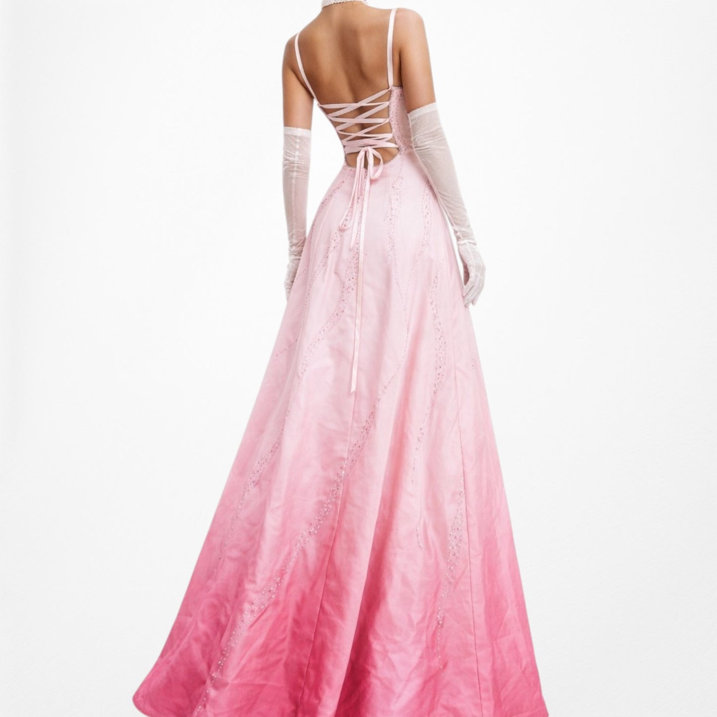 Vintage Y2K 90s Pink Ombre Beaded Lace Up Flared Princess Maxi Prom Dress XS/S