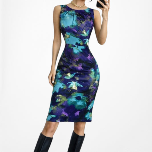 Vintage Y2K 90s Blue Purple Knee Length Pleated Sheath Cocktail Dress Size M