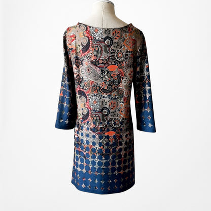 Vintage Y2K Blue Gray Paisley Boho Knit Floral Print Shift Retro Mod Dress M