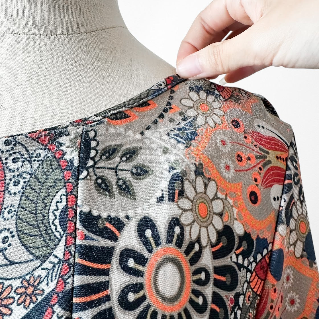 Vintage Y2K Blue Gray Paisley Boho Knit Floral Print Shift Retro Mod Dress M