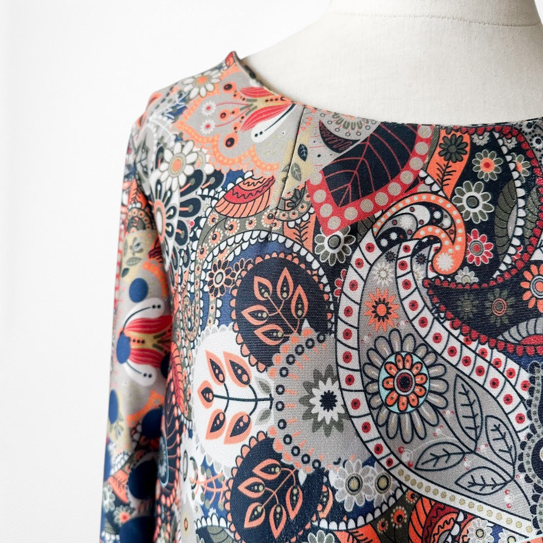 Vintage Y2K Blue Gray Paisley Boho Knit Floral Print Shift Retro Mod Dress M