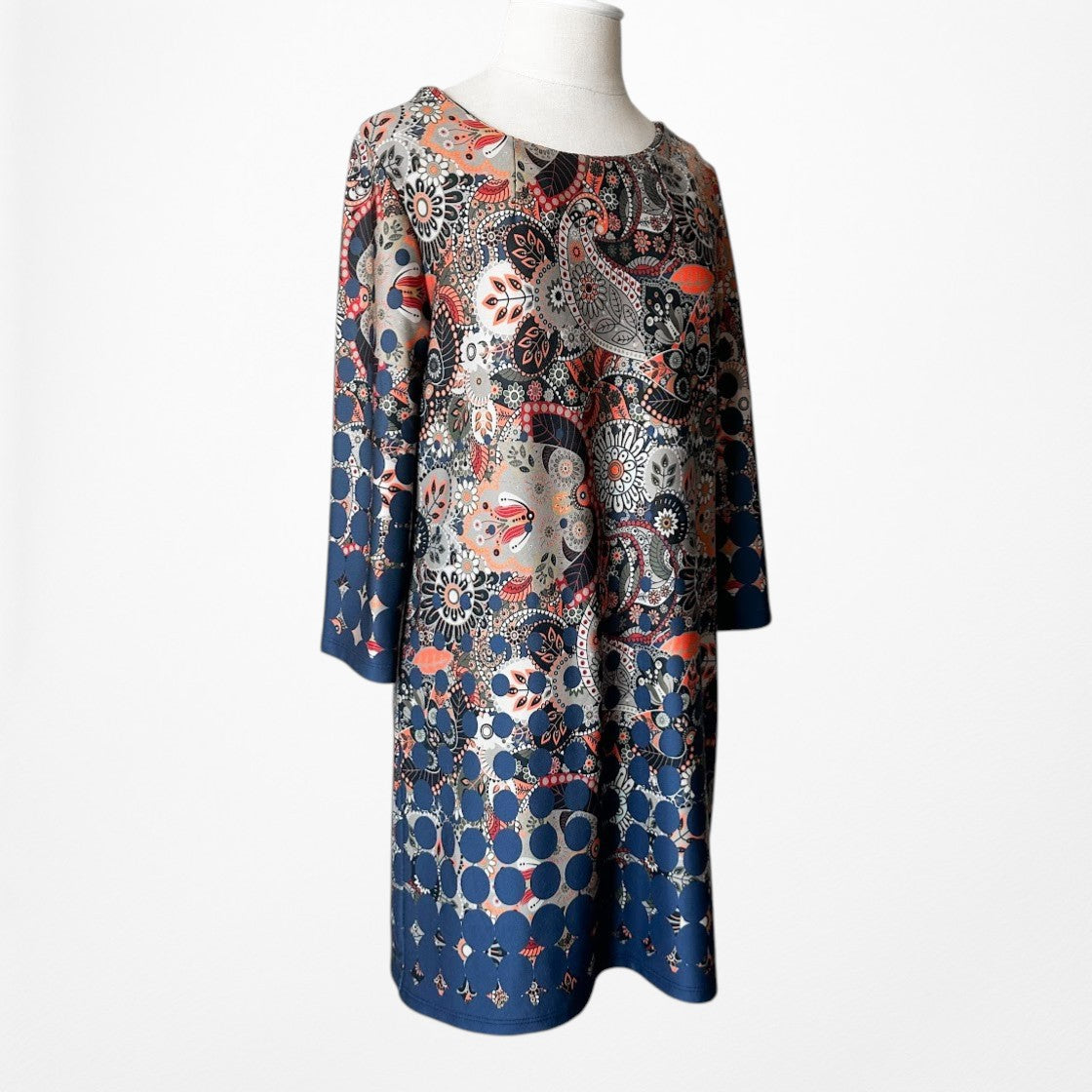Vintage Y2K Blue Gray Paisley Boho Knit Floral Print Shift Retro Mod Dress M
