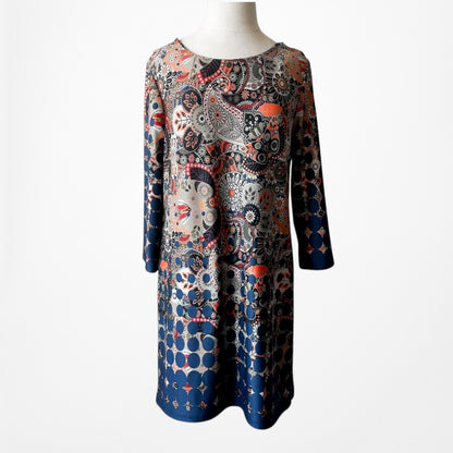 Vintage Y2K Blue Gray Paisley Boho Knit Floral Print Shift Retro Mod Dress M