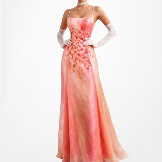 Vintage Y2K Pink Orange Ombre Beaded Floral Satin Organza Maxi Prom Dress Size M