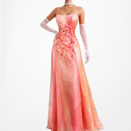 Vintage Y2K Pink Orange Ombre Beaded Floral Satin Organza Maxi Prom Dress Size M