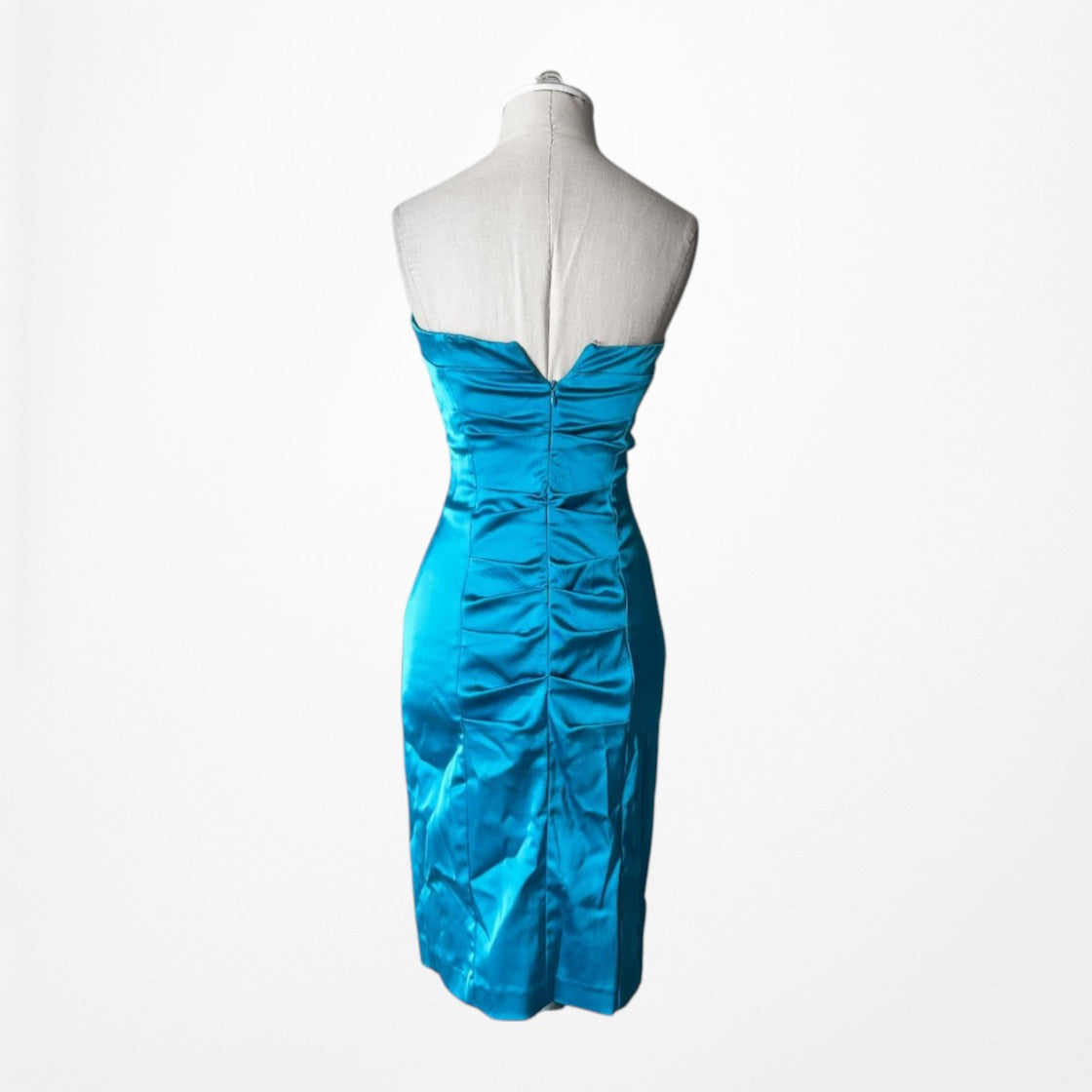 Vintage Y2K 90s Blue Satin Strapless Pleated Knee Length Bodycon Dress Size XS
