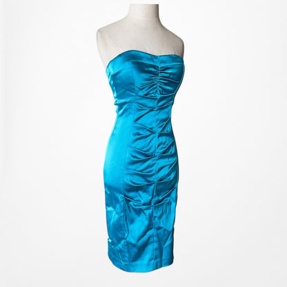 Vintage Y2K 90s Blue Satin Strapless Pleated Knee Length Bodycon Dress Size XS