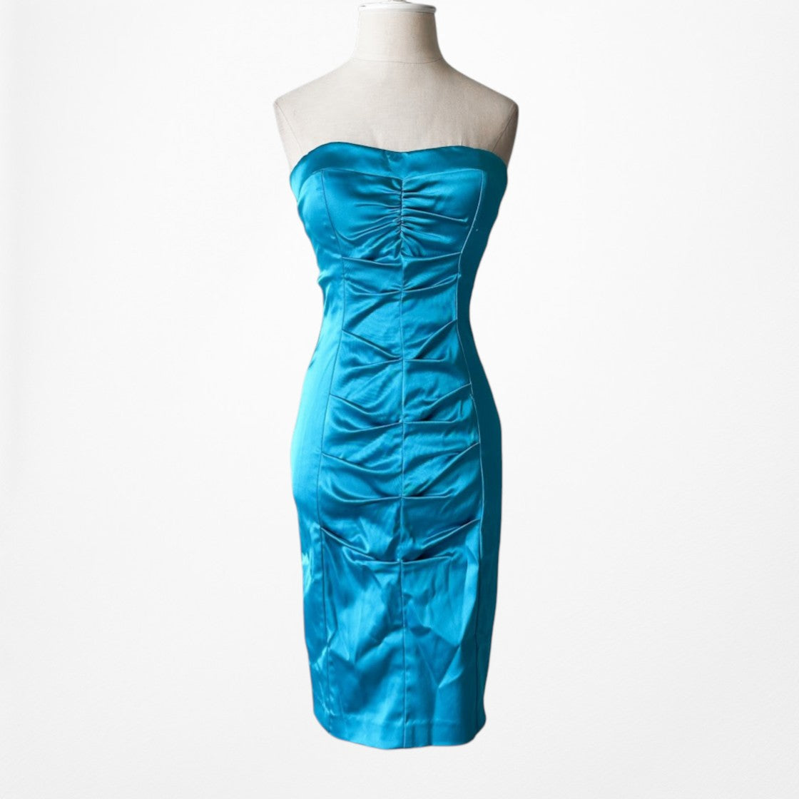 Vintage Y2K 90s Blue Satin Strapless Pleated Knee Length Bodycon Dress Size XS