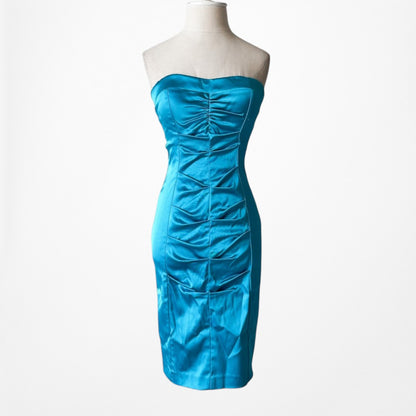 Vintage Y2K 90s Blue Satin Strapless Pleated Knee Length Bodycon Dress Size XS