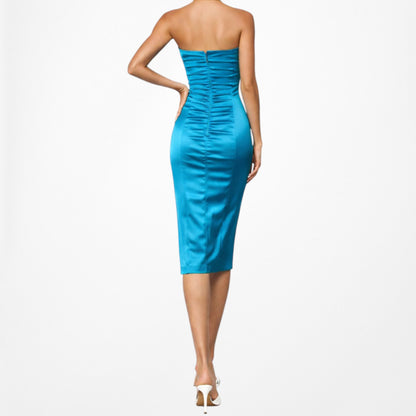 Vintage Y2K 90s Blue Satin Strapless Pleated Knee Length Bodycon Dress Size XS