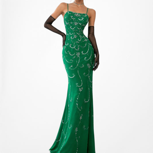 Vintage Y2K Green Sequin Beaded Mesh Bodycon Maxi Formal Prom Dress Size XXS/XS