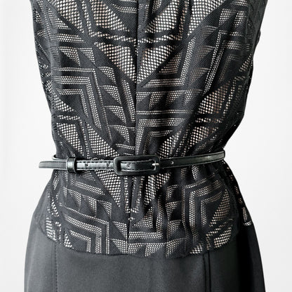 Vintage Y2K 90s Black Knit Geometric Print Knee Length Belted Dress Size M