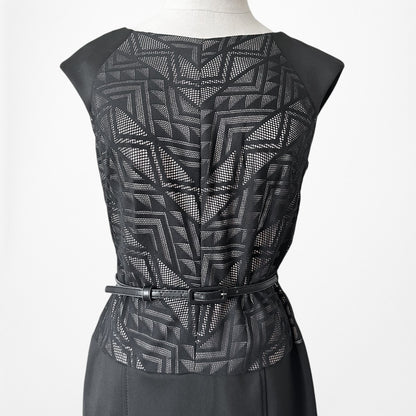 Vintage Y2K 90s Black Knit Geometric Print Knee Length Belted Dress Size M