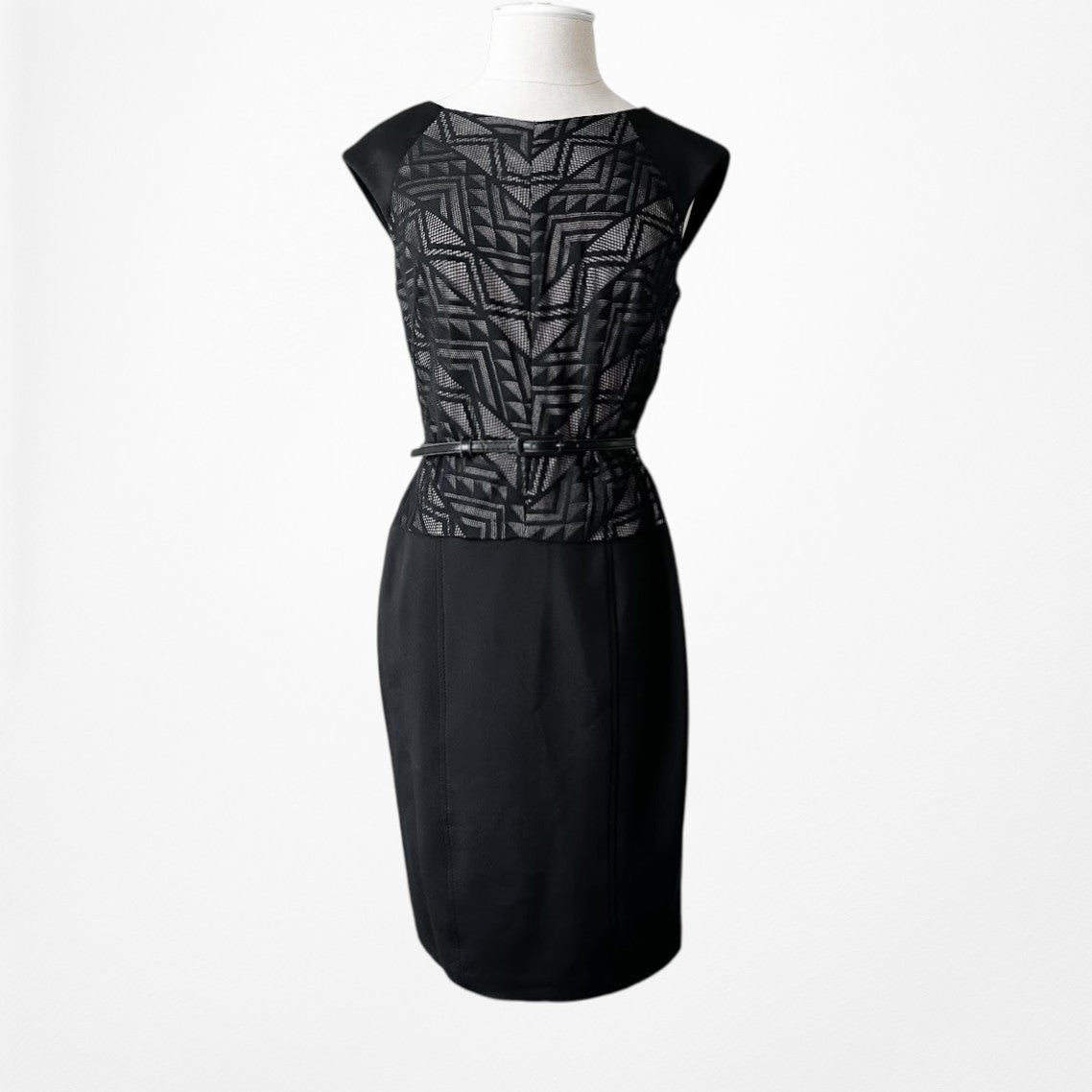 Vintage Y2K 90s Black Knit Geometric Print Knee Length Belted Dress Size M