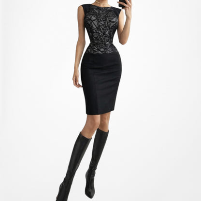 Vintage Y2K 90s Black Knit Geometric Print Knee Length Belted Dress Size M