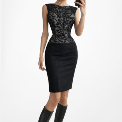 Vintage Y2K 90s Black Knit Geometric Print Knee Length Belted Dress Size M