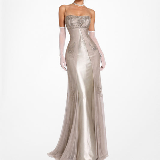 Vintage Y2K Beige Gold Mesh Satin Floral Beaded Formal Maxi Prom Dress Size M/L