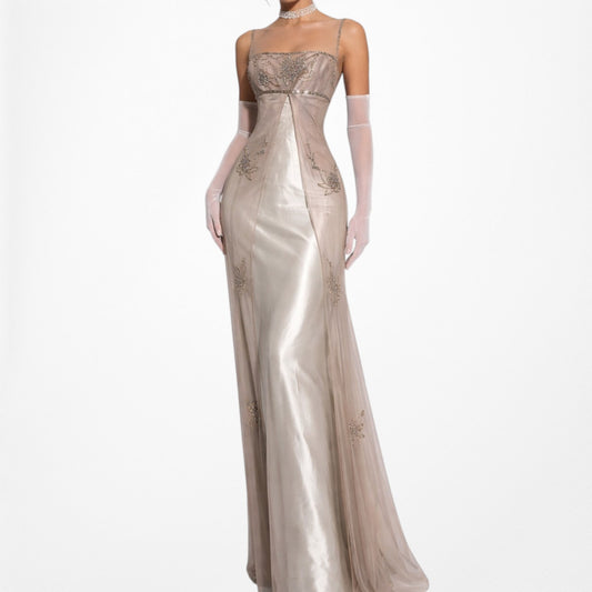 Vintage Y2K Beige Gold Mesh Satin Floral Beaded Formal Maxi Prom Dress Size M/L