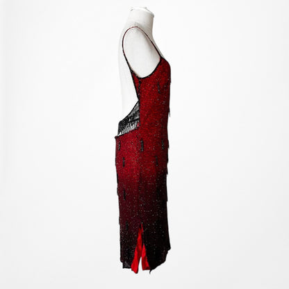 Vintage Y2K Burgundy Red Silk Beaded Knee Length Side Slits Cocktail Dress L