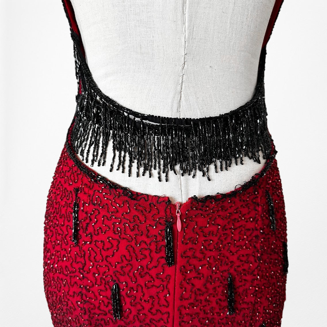 Vintage Y2K Burgundy Red Silk Beaded Knee Length Side Slits Cocktail Dress L