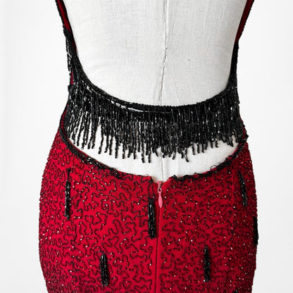 Vintage Y2K Burgundy Red Silk Beaded Knee Length Side Slits Cocktail Dress L