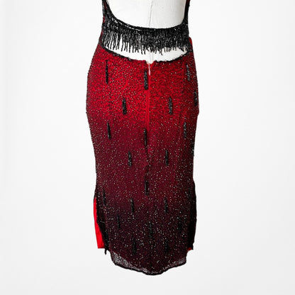 Vintage Y2K Burgundy Red Silk Beaded Knee Length Side Slits Cocktail Dress L