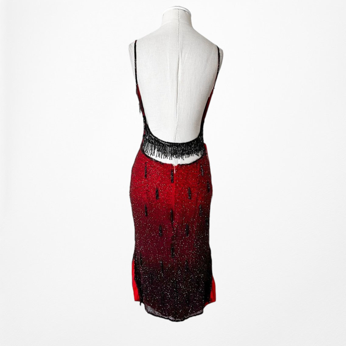 Vintage Y2K Burgundy Red Silk Beaded Knee Length Side Slits Cocktail Dress L