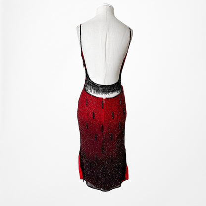 Vintage Y2K Burgundy Red Silk Beaded Knee Length Side Slits Cocktail Dress L