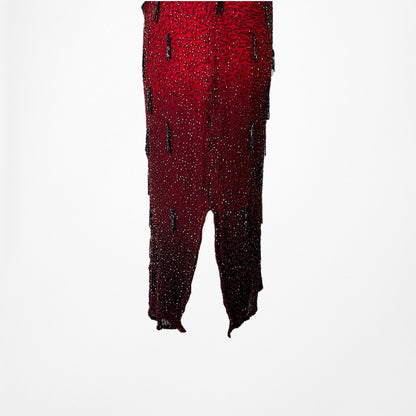 Vintage Y2K Burgundy Red Silk Beaded Knee Length Side Slits Cocktail Dress L