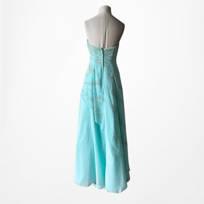 Vintage Y2K 90s Aqua Blue Strapless Beaded Tulle A-Line Maxi Prom Dress Size S