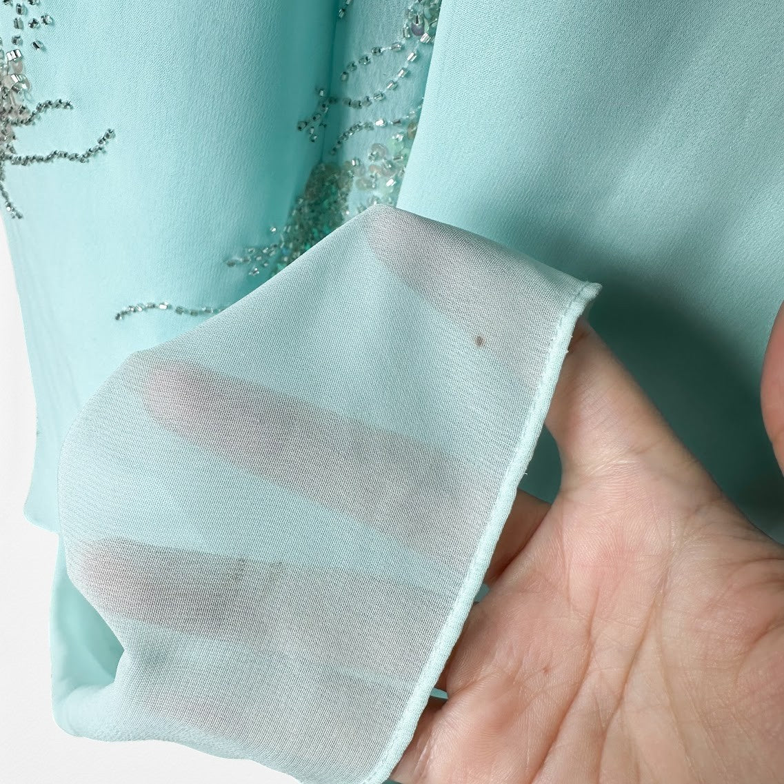 Vintage Y2K 90s Aqua Blue Strapless Beaded Tulle A-Line Maxi Prom Dress Size S