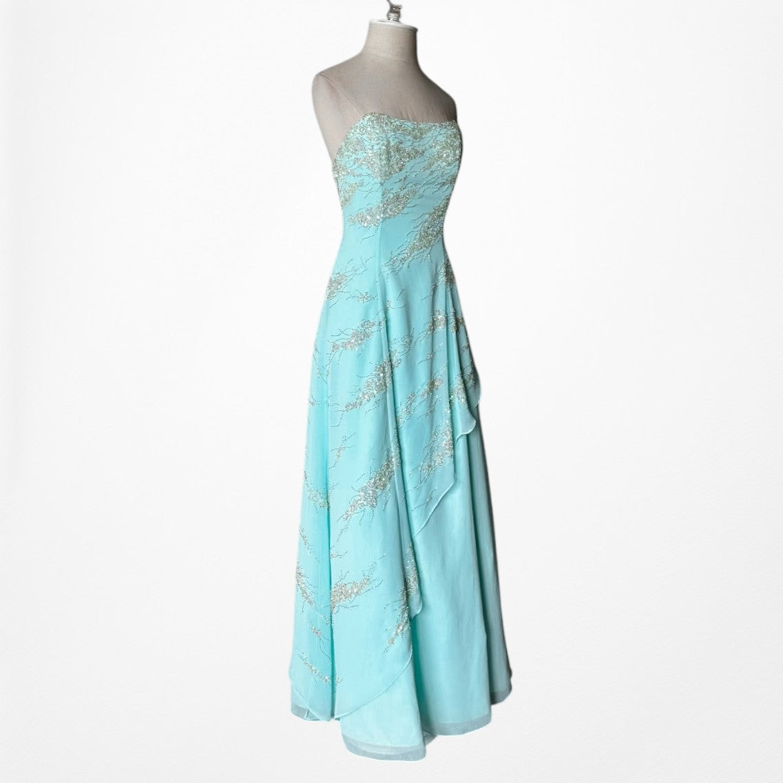 Vintage Y2K 90s Aqua Blue Strapless Beaded Tulle A-Line Maxi Prom Dress Size S