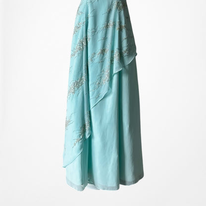 Vintage Y2K 90s Aqua Blue Strapless Beaded Tulle A-Line Maxi Prom Dress Size S