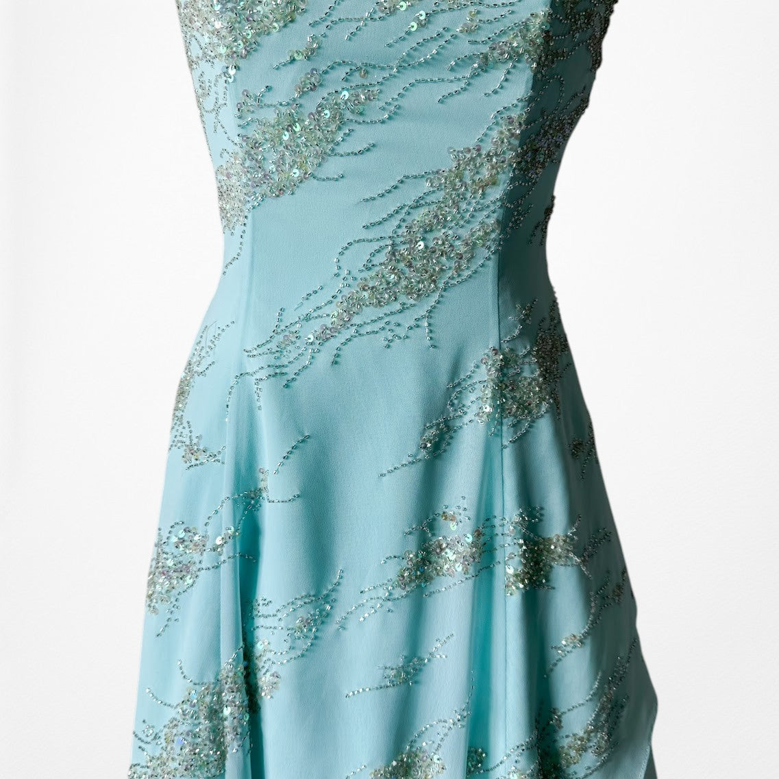 Vintage Y2K 90s Aqua Blue Strapless Beaded Tulle A-Line Maxi Prom Dress Size S