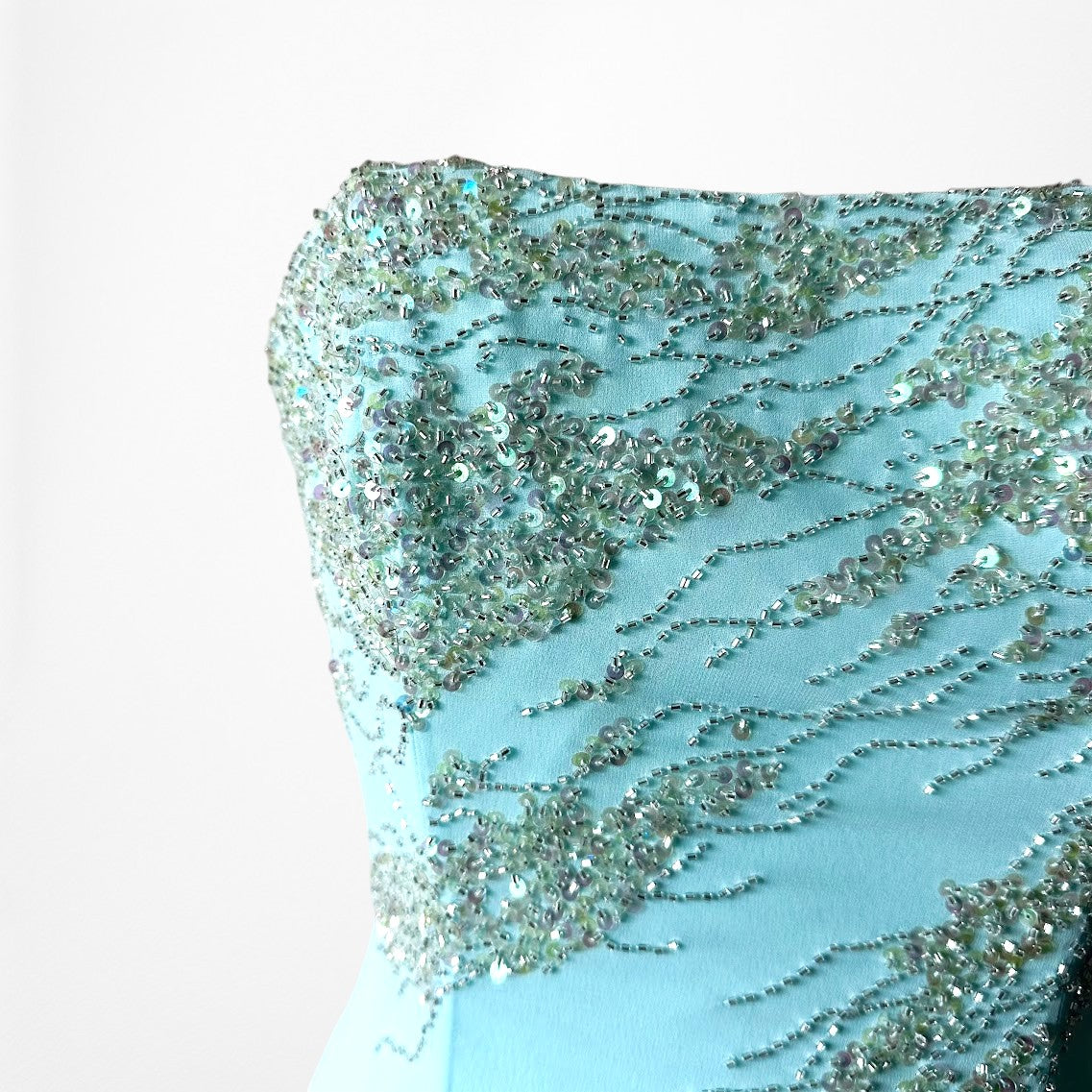 Vintage Y2K 90s Aqua Blue Strapless Beaded Tulle A-Line Maxi Prom Dress Size S