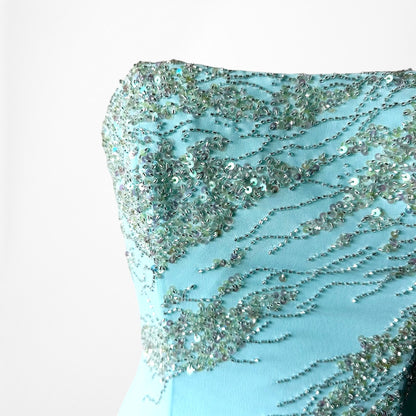 Vintage Y2K 90s Aqua Blue Strapless Beaded Tulle A-Line Maxi Prom Dress Size S