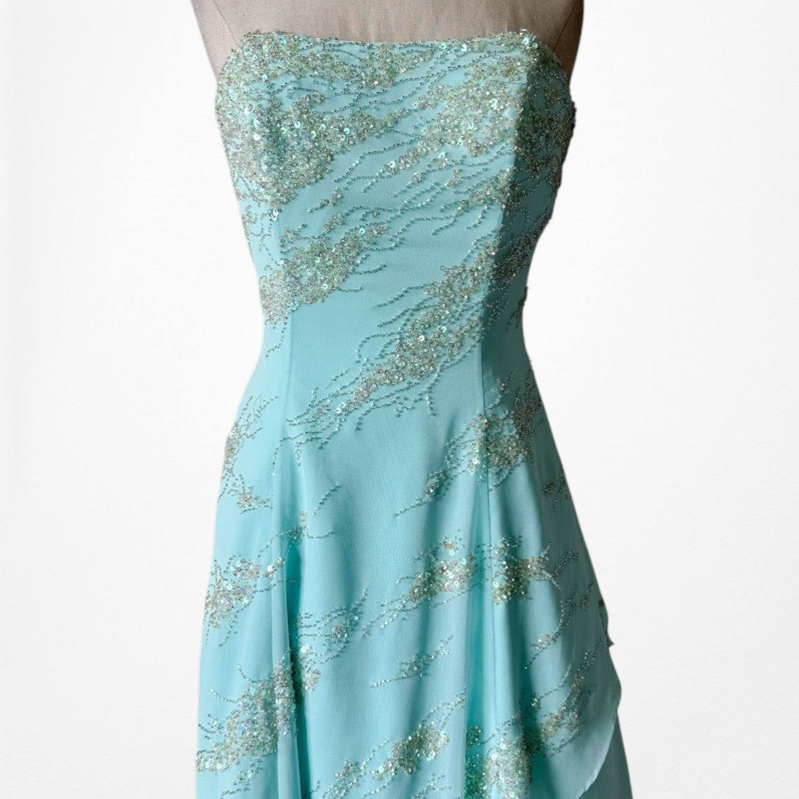Vintage Y2K 90s Aqua Blue Strapless Beaded Tulle A-Line Maxi Prom Dress Size S