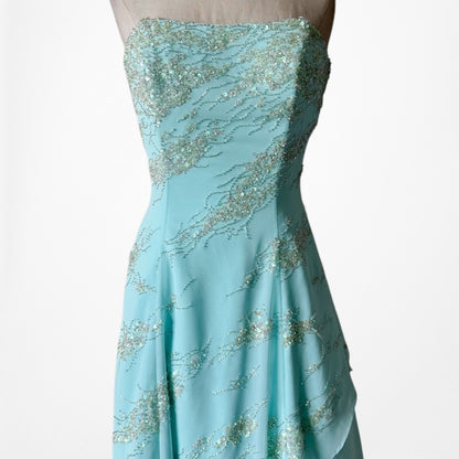 Vintage Y2K 90s Aqua Blue Strapless Beaded Tulle A-Line Maxi Prom Dress Size S