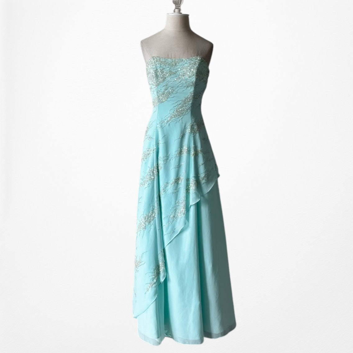 Vintage Y2K 90s Aqua Blue Strapless Beaded Tulle A-Line Maxi Prom Dress Size S