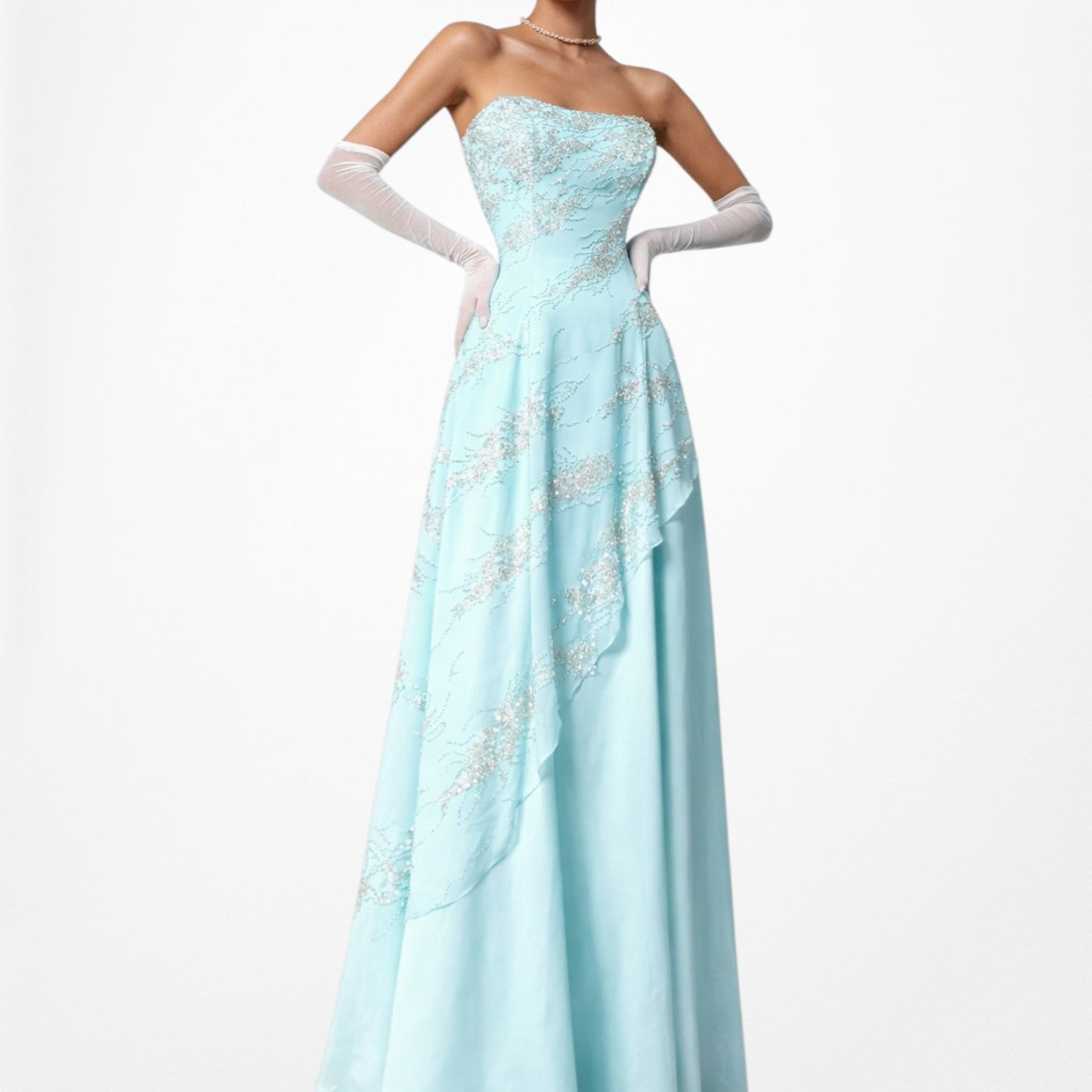 Vintage Y2K 90s Aqua Blue Strapless Beaded Tulle A-Line Maxi Prom Dress Size S