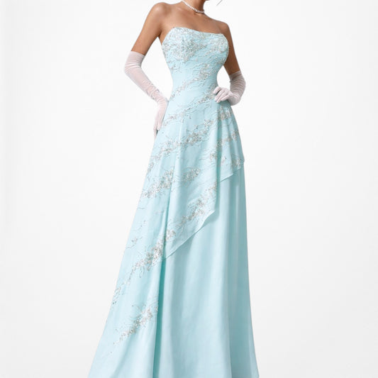 Vintage Y2K 90s Aqua Blue Strapless Beaded Tulle A-Line Maxi Prom Dress Size S