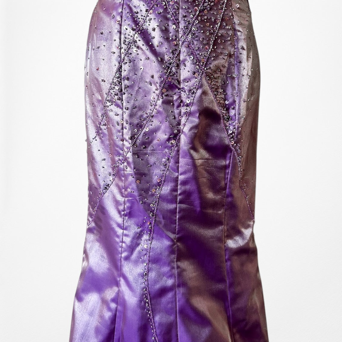 Vintage Y2K 90s Purple Satin One Shoulder Beaded Mermaid Maxi Prom Dress Size S