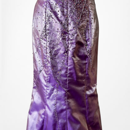 Vintage Y2K 90s Purple Satin One Shoulder Beaded Mermaid Maxi Prom Dress Size S
