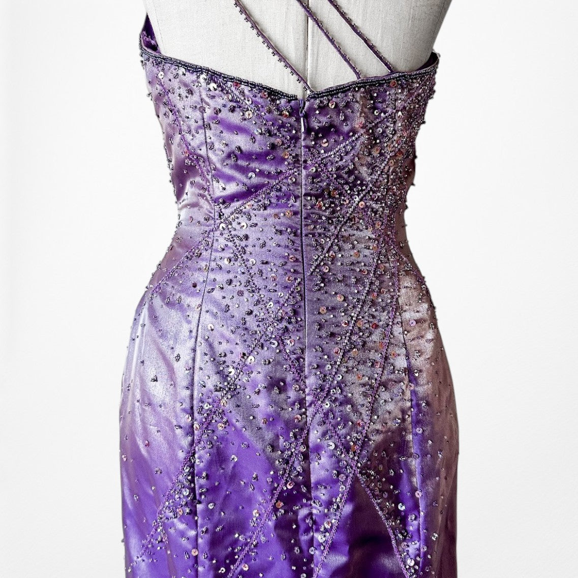 Vintage Y2K 90s Purple Satin One Shoulder Beaded Mermaid Maxi Prom Dress Size S